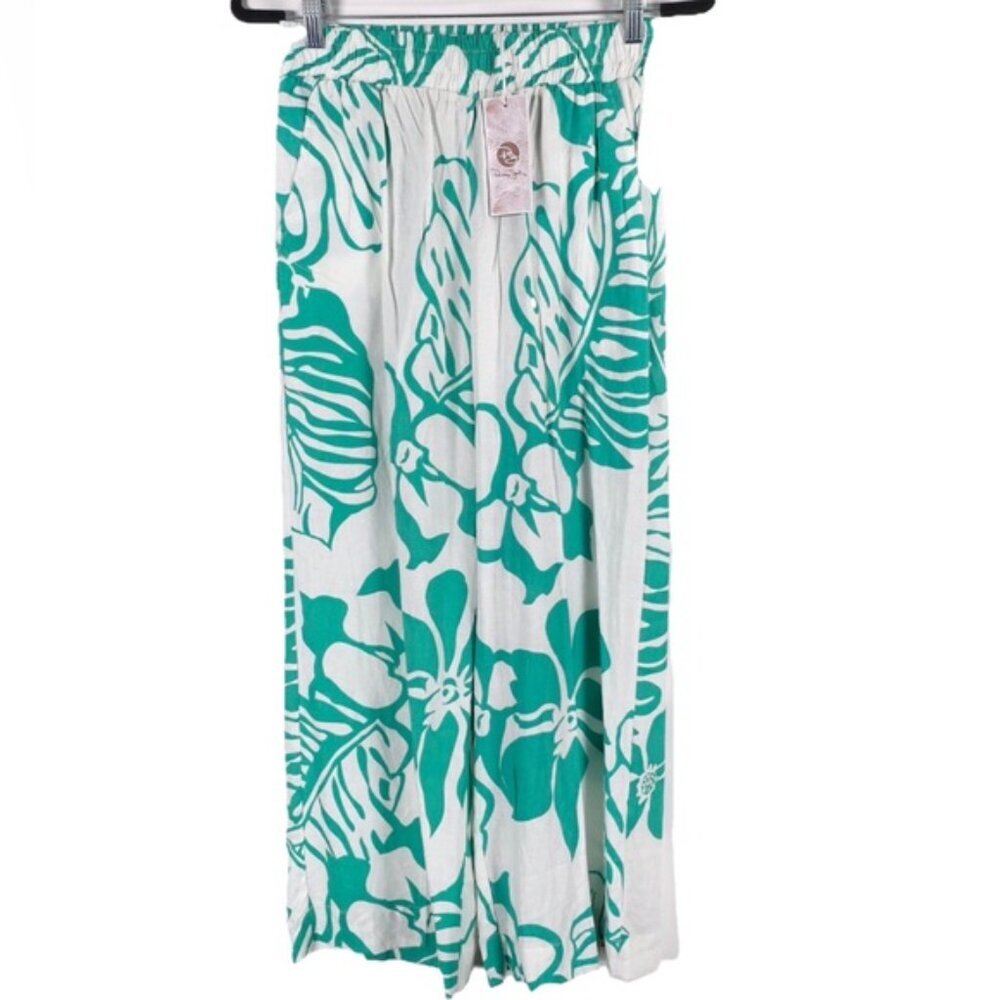 NWT PANAMA JACK LINEN Blend Floral Wide Straight Leg Elastic Waist Pants Size XS